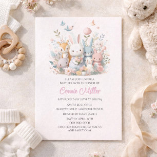 Pastel Pink Woodland Animals Baby Shower Invitation