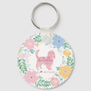 Pastel Pink Wreath Cavalier King Charles Spaniel Key Ring