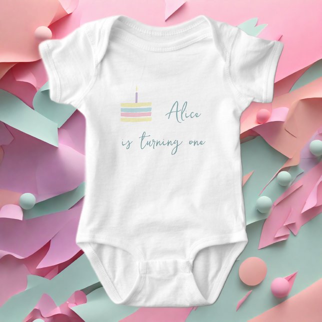 Pastel pink yellow cake is turning one  baby bodysuit (Creator Uploaded)