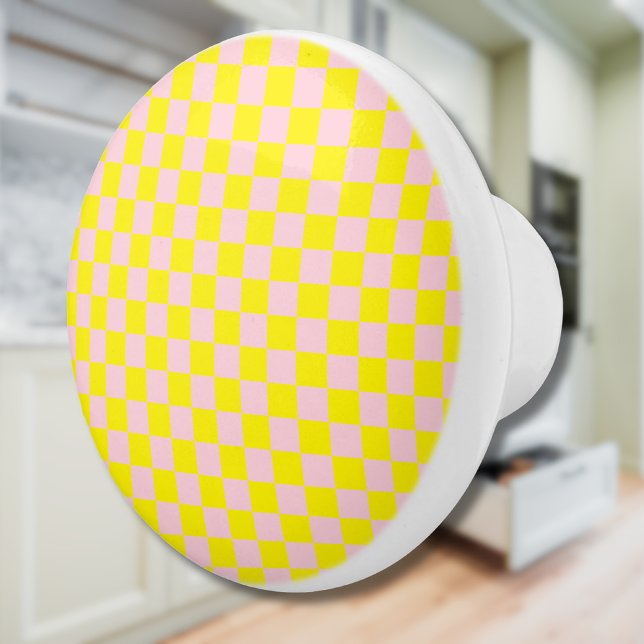 Pastel Pink Yellow Chequered Chequerboard Vintage Ceramic Knob (Creator Uploaded)