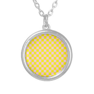 Pastel Pink Yellow Chequered Chequerboard Vintage Silver Plated Necklace