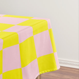 Pastel Pink Yellow Chequered Chequerboard Vintage Tablecloth