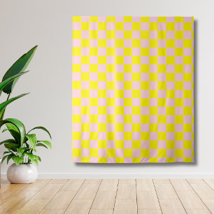 Pastel Pink Yellow Chequered Chequerboard Vintage Tapestry