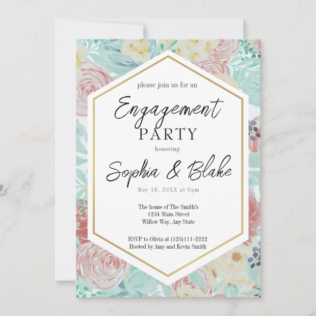 Pastel Pink & Yellow Floral Engagement Party  Invitation (Front)