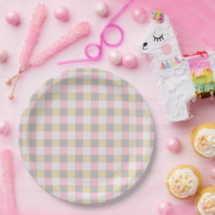 Pastel Pink Yellow Grey Plaid  Paper Plate