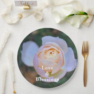 Pastel Pink Yellow Rose Love and Blessings Paper Plate