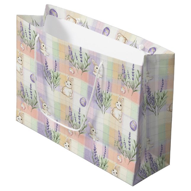 Pastel Plaid Easter Bunny Pattern Large Gift Bag (Front Angled)