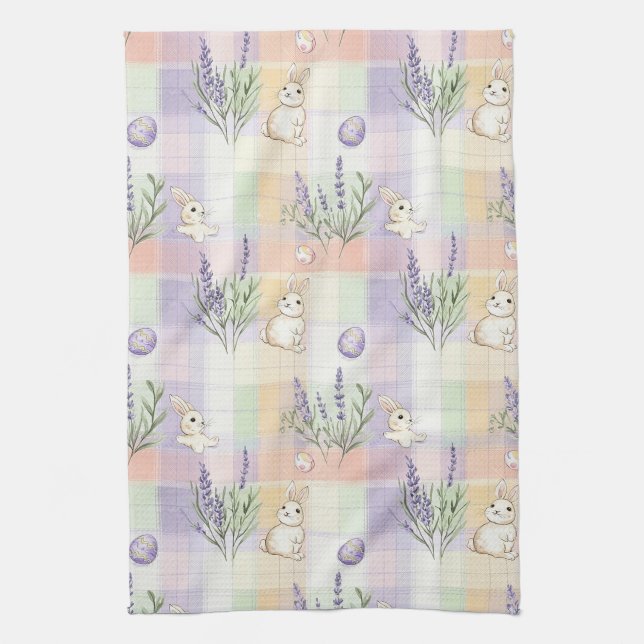 Pastel Plaid Easter Bunny Pattern Tea Towel (Vertical)