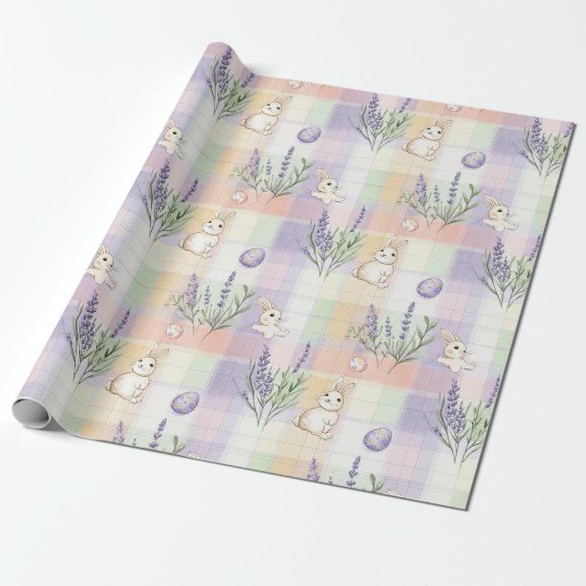 Pastel Plaid Easter Bunny Pattern Wrapping Paper (Unrolled)