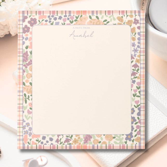 Pastel Plaid Floral Notepad with Personalisation (Plaid Floral Personalized Notepad)