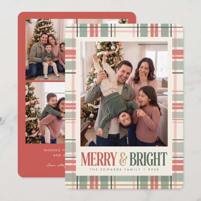 Pastel Plaid Merry and Bright Photo Card (Front/Back)