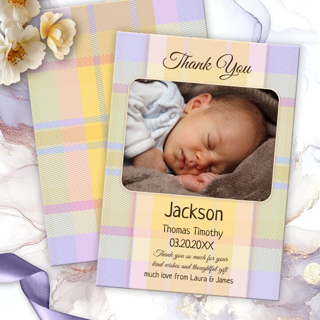 Pastel Plaid Neutral Baby Photo Thank You Card (Gender neutral baby Thank You card with a photo of your own baby on a multicolored pastel plaid )