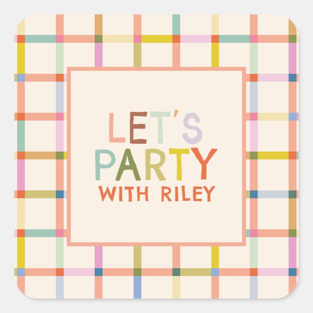 Pastel Plaid Personalized Birthday Cute party Square Sticker (Front)