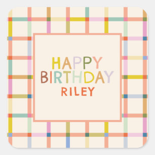 Pastel Plaid Personalized Birthday Cute party Square Sticker