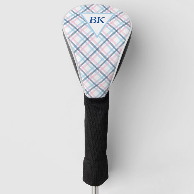 Pastel Plaid Pink and Blue Golf Head Cover (Front)