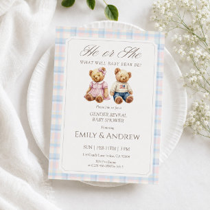 Pastel Plaid Teddy Bear Gender Reveal Baby Shower Invitation