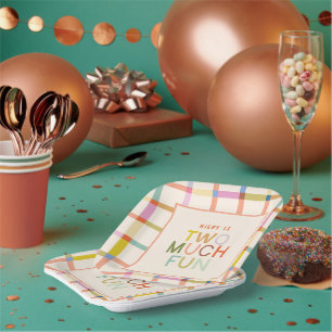 Pastel Plaid "Two Much Fun" 2nd Birthday Custom Paper Plate