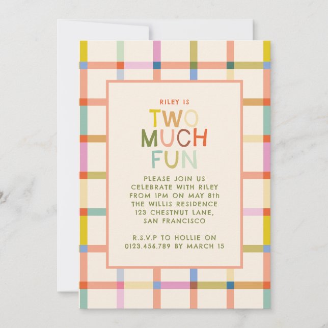 Pastel Plaid "Two Much Fun" 2nd Birthday Invitation (Front)