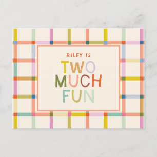 Pastel Plaid "Two Much Fun" 2nd Birthday Invitation Postcard