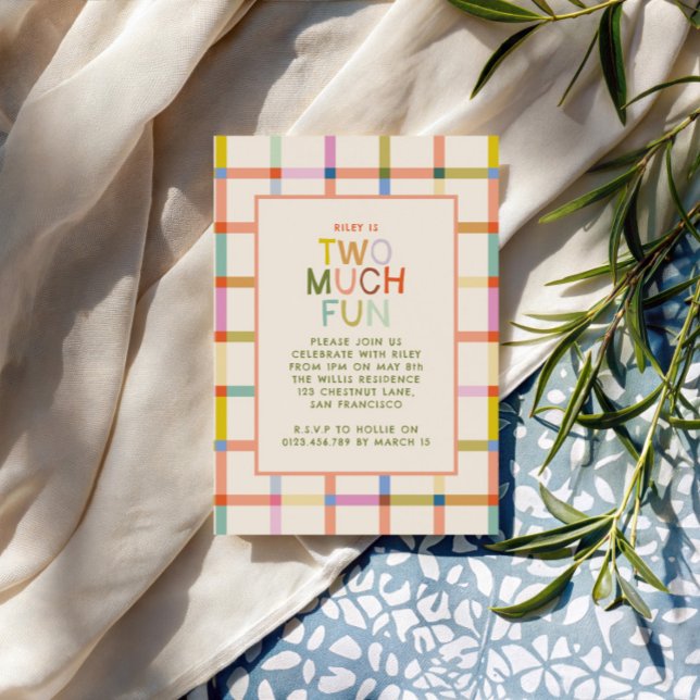 Pastel Plaid "Two Much Fun" 2nd Birthday photo Invitation (Creator Uploaded)