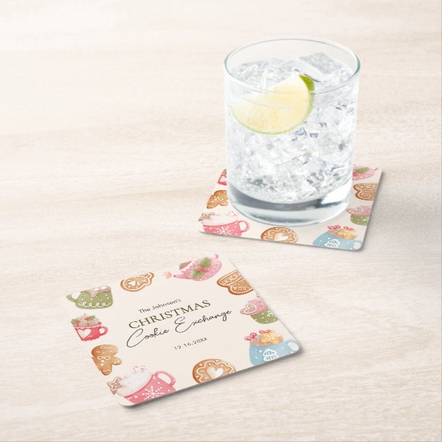 Pastel Playful Christmas Cookie Exchange Party Square Paper Coaster (Insitu)