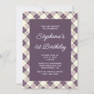 Pastel Plum Linen Gingham 1st Birthday Invitation