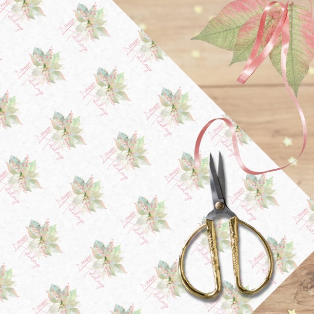 Pastel Poinsettia Happy Holidays Pink Gold Sage Tissue Paper (Creator Uploaded)