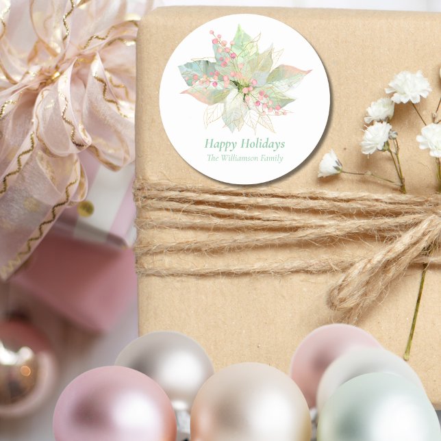 Pastel Poinsettia Happy Holidays Pink Gold Sweet  Classic Round Sticker (Creator Uploaded)