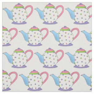 Pastel Polka Dot Teapots Tea Party Pink Purple Fabric