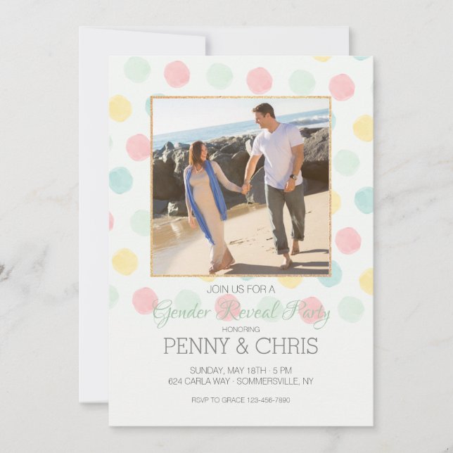 Pastel Polka Dots Frame Gender Reveal Party Invitation (Front)