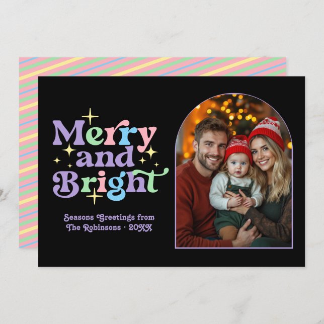 Pastel Pop Modern Retro Christmas Family Photo Holiday Card (Front/Back)