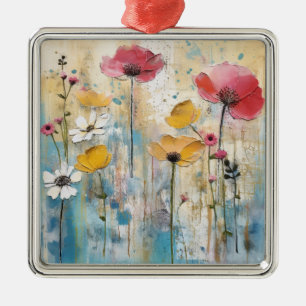 Pastel Poppies Impasto Oil Painting Metal Tree Decoration