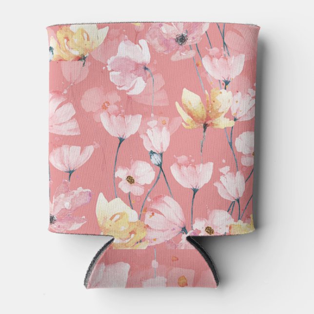Pastel Poppies: Watercolor Floral Seamless. Can Cooler (Front)