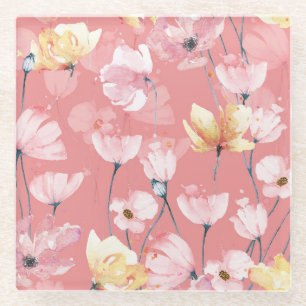 Pastel Poppies: Watercolor Floral Seamless. Glass Coaster