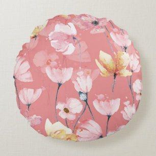 Pastel Poppies: Watercolor Floral Seamless. Round Cushion