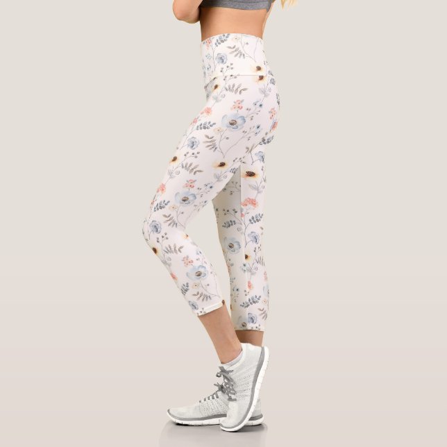 Pastel Poppy Floral Garden Pattern Capri Leggings (Left)