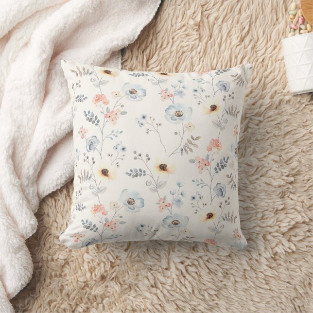 Pastel Poppy Floral Garden Pattern Cushion (Blanket)