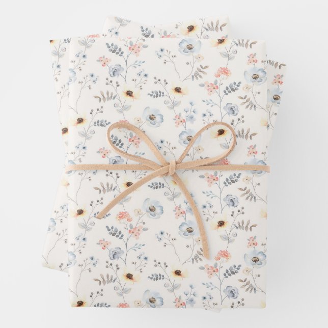 Pastel Poppy Floral Garden Pattern Wrapping Paper Sheet (In situ)