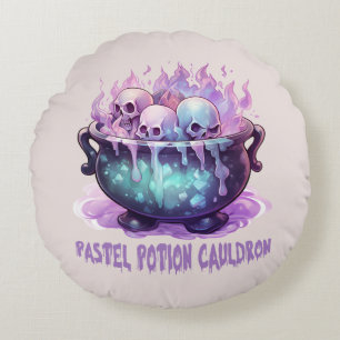 Pastel Potion Cauldron with Purple Skull Round Cushion