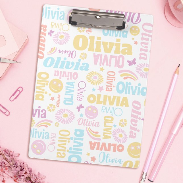 Pastel preppy smilie faces star custom name Olivia Clipboard (Creator Uploaded)