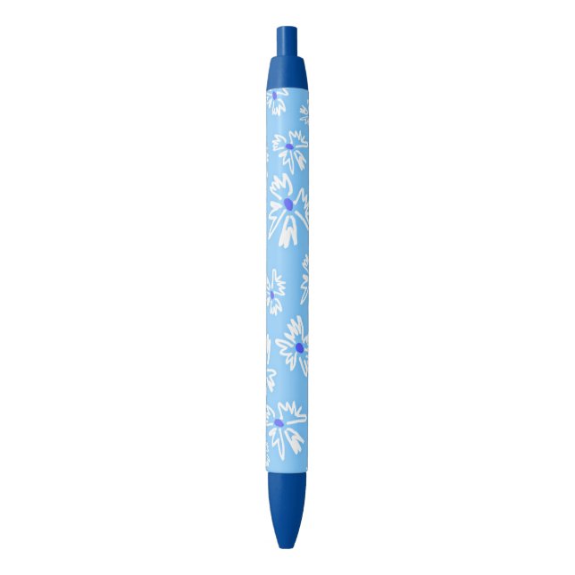 Pastel Pretty Blue and White Flowers Black Ink Pen (Front Vertical)