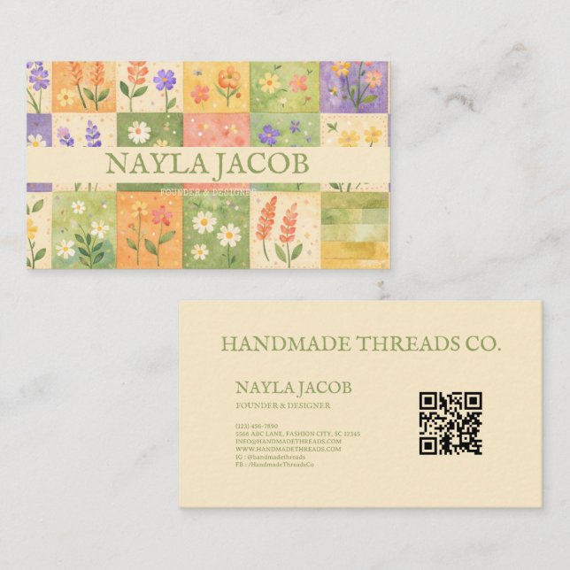 Pastel Pretty Girly Green Purple Quilt Patchwork  Business Card (Front/Back)