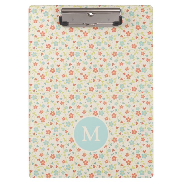 Pastel Pretty Spring Floral Pattern Monogram Clipboard (Front)