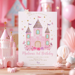 Pastel Princess Castle Butterfly Flower Birthday Invitation
