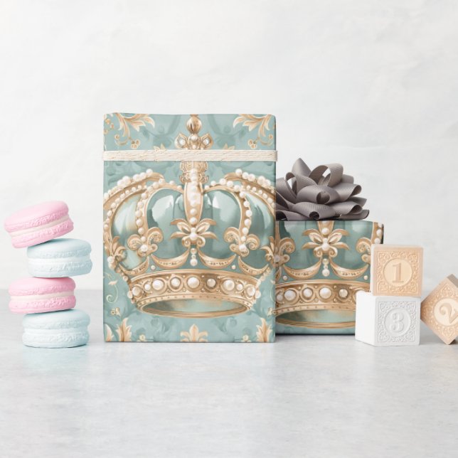 Pastel Princess Crowns Damask Pearls Wrapping Paper (Baby Shower)