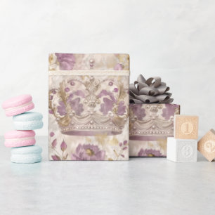 Pastel Princess Crowns Damask Pearls Wrapping Paper