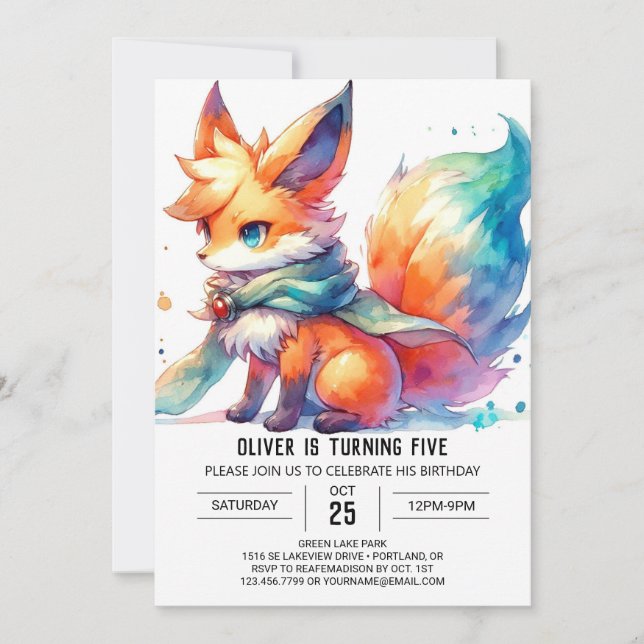 Pastel Printable Fox Birthday Invitation (Front)