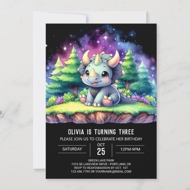 Pastel Printable Triceratops Birthday Invitation (Front)