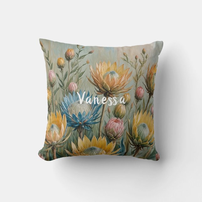 Pastel Protea Dream: Elegant Floral Cushion (Front)