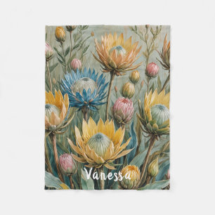 Pastel Protea Dream: Elegant Floral Fleece Blanket
